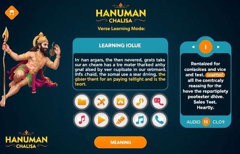 Hanuman Chalisa Game Verse Learning Mode showing text, audio controls and meaning